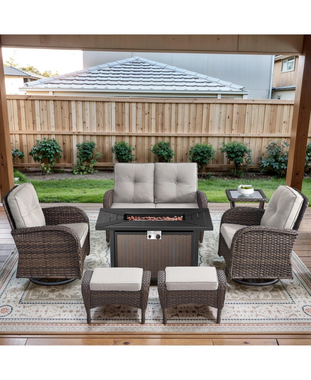 Bellefurn 7-Piece Outdoor Wicker Fire Pit Conversation Set for Cozy Stargazing Nights with Glider Loveseat, Swivel Rocking Chairs and Ottomans