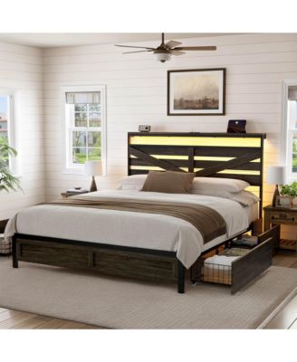 Queen Farmhouse Storage Platform Bed, Barn Door Headboard with LED and Charging Station, 4 Rolling Drawers, No Box Spring Needed