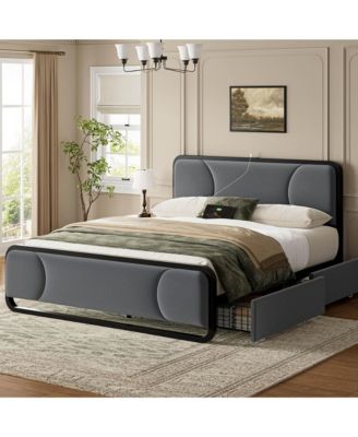  Curved Tufted Velvet Platform Bed, 4-Position Movable Drawers, Bedside Charging Station, No Box Spring Needed