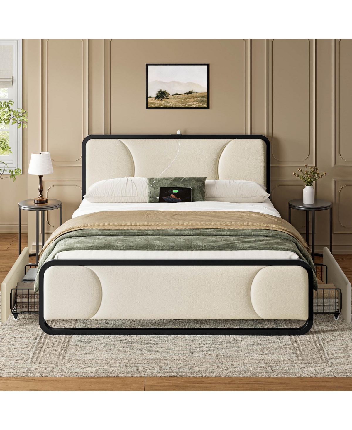 Hausource Curved Tufted Velvet Platform Bed, 4-Way Placeable Underbed Drawers, Bedside Charging Station