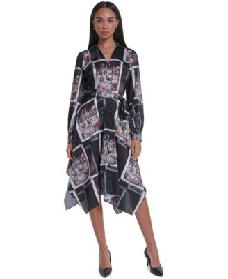 Women's Long-Sleeve Printed Hanky-Hem Dress
