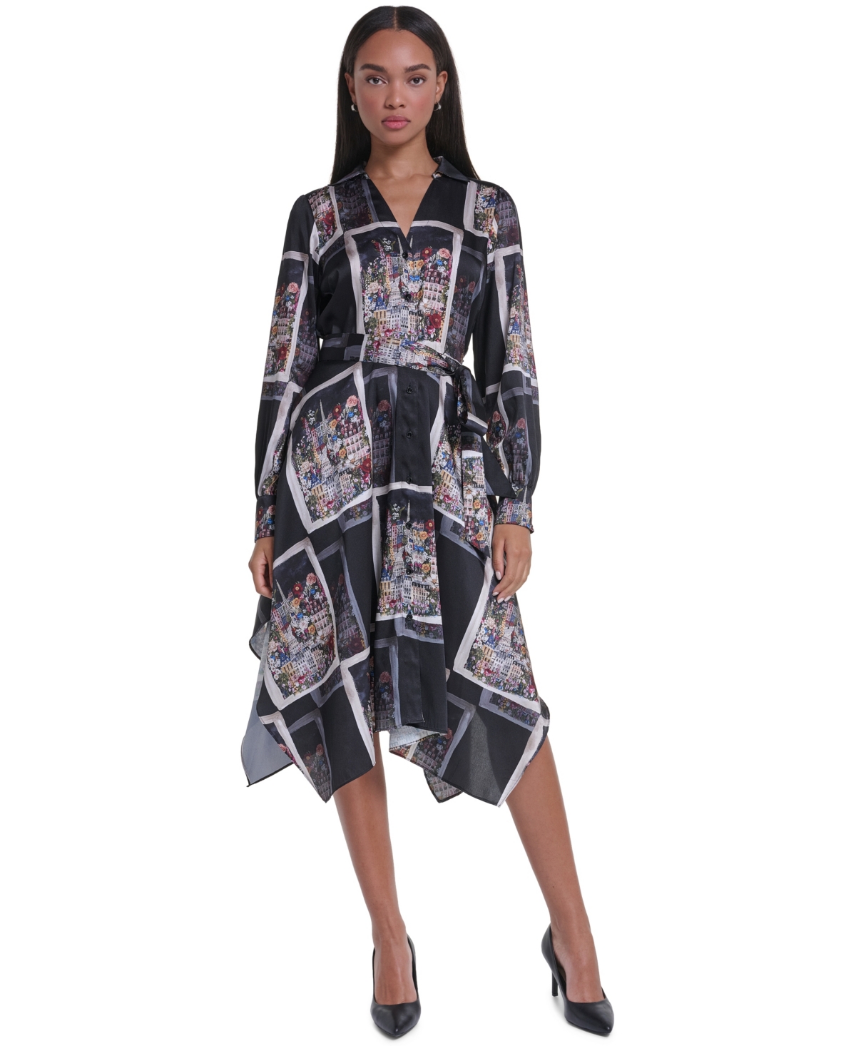 Karl Lagerfeld Paris Women's Long-Sleeve Printed Hanky-Hem Dress