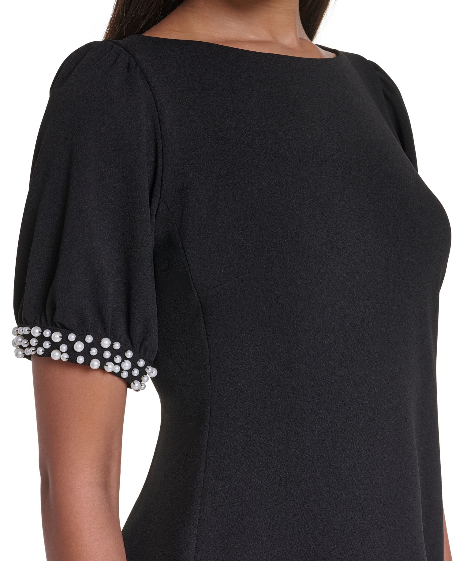 Women's Boat Neck Sheath Dress With Imitation Pearl Sleeve Cuff