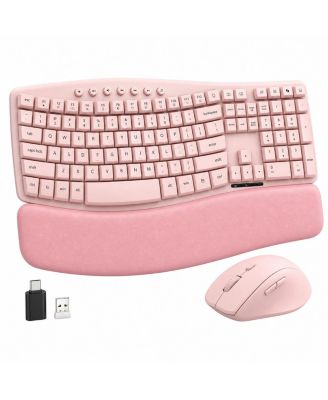 Wireless Keyboard Mouse Set Quiet Ergonomic Wave Design Leather Wrist Rest Productivity Shortcuts