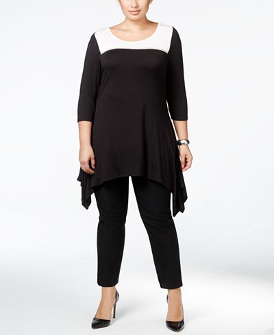 Belldini Plus Size Contrast-Yoke Handkerchief-Hem Top