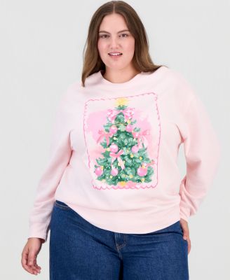 Plus Size Holiday Fleece Pullover Christmas Tree Graphic with Pink Bows Sweatshirt