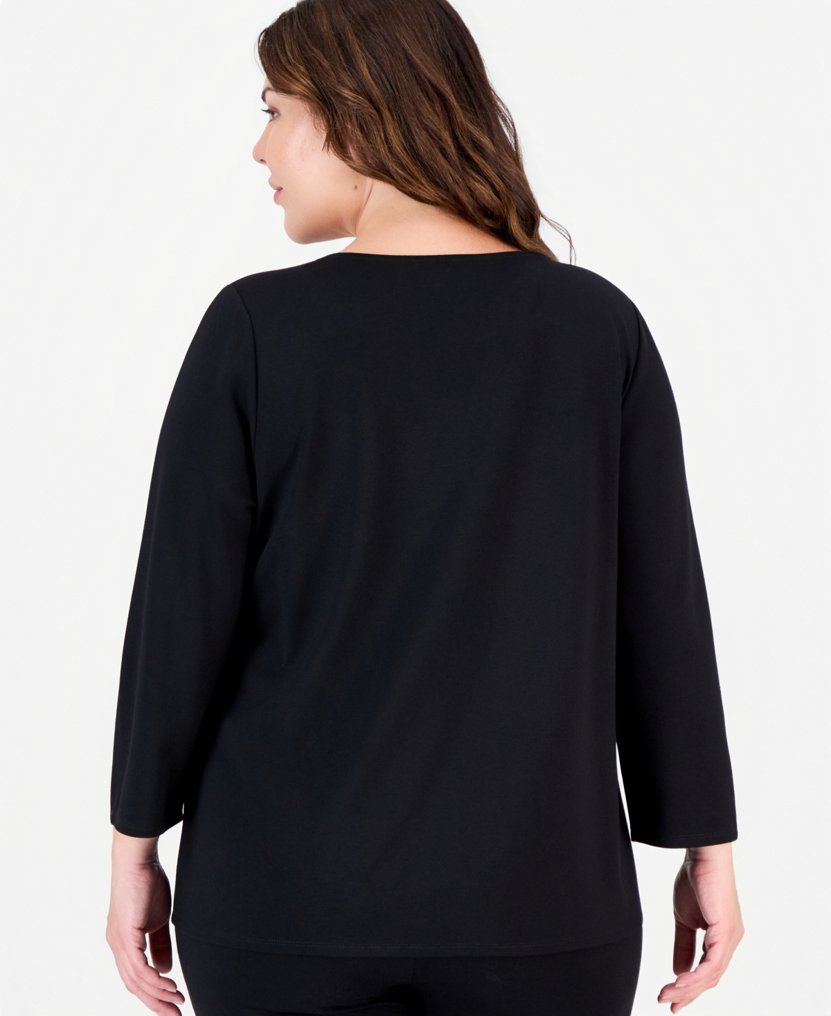 Anne Klein Essentials Plus Asymmetrical Button Serenity Knit 3/4-Sleeve Boat-Neck Tunic
