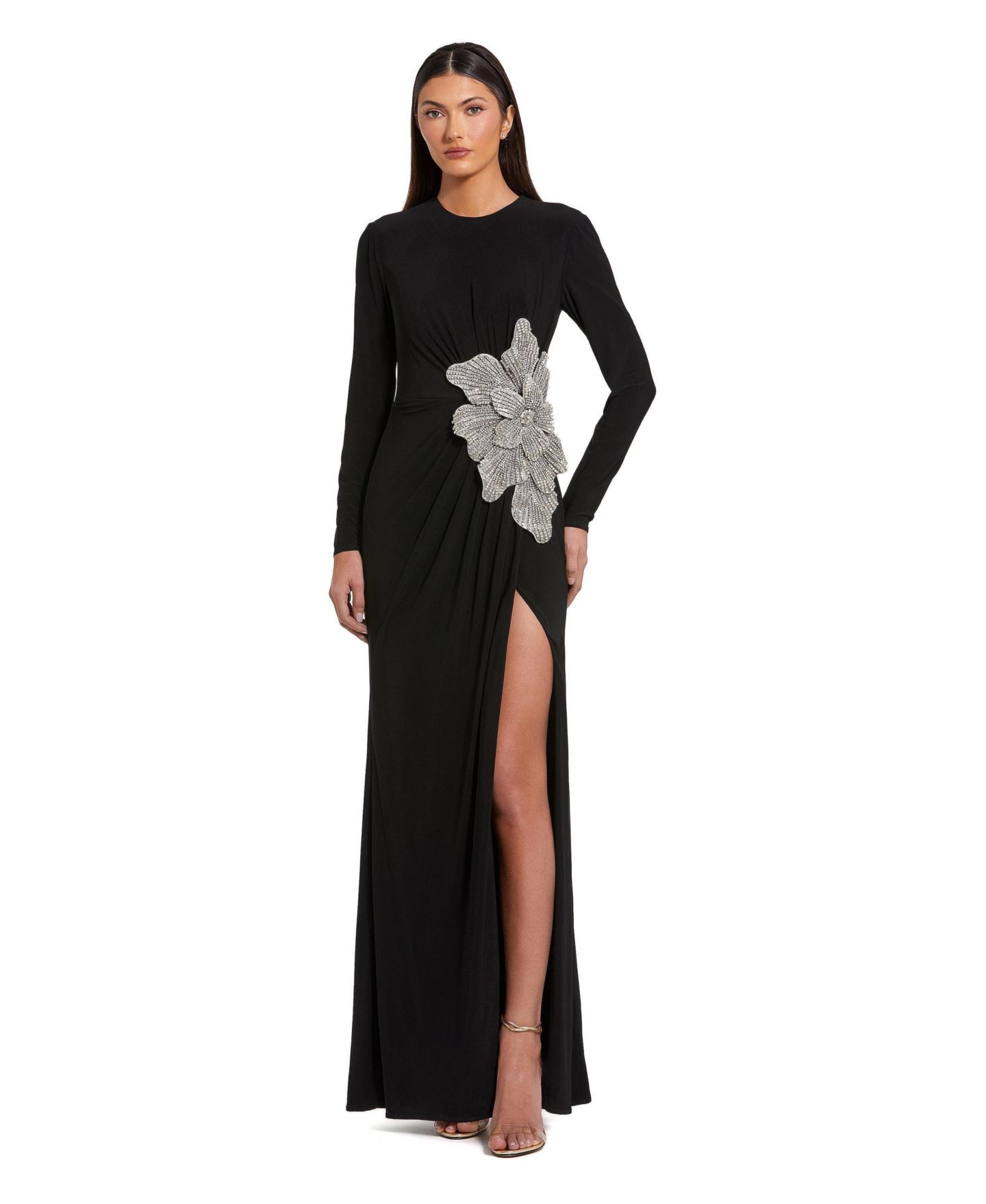 Женские платья Mac Duggal Petite Jersey Gown With Embellished Flower, цвет: Чёрный — фото 1