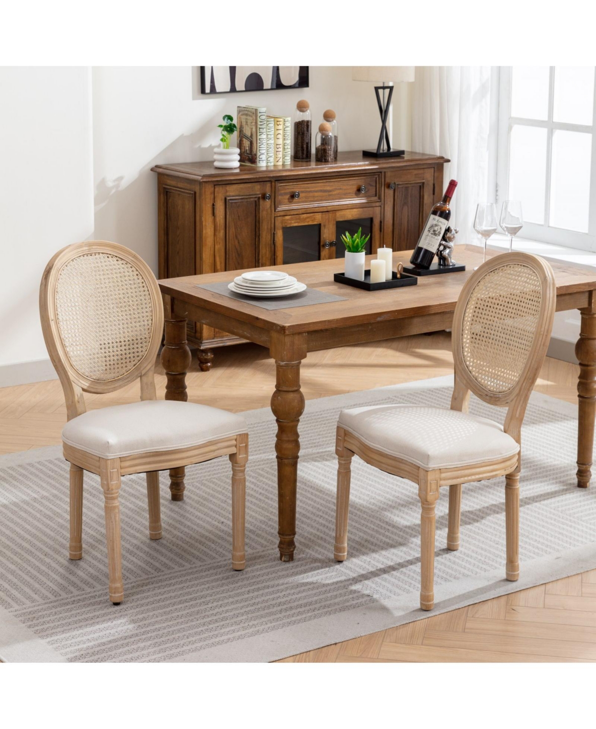 Flynama Set of 2 French Solid Wood Rattan Back Dining Chairs