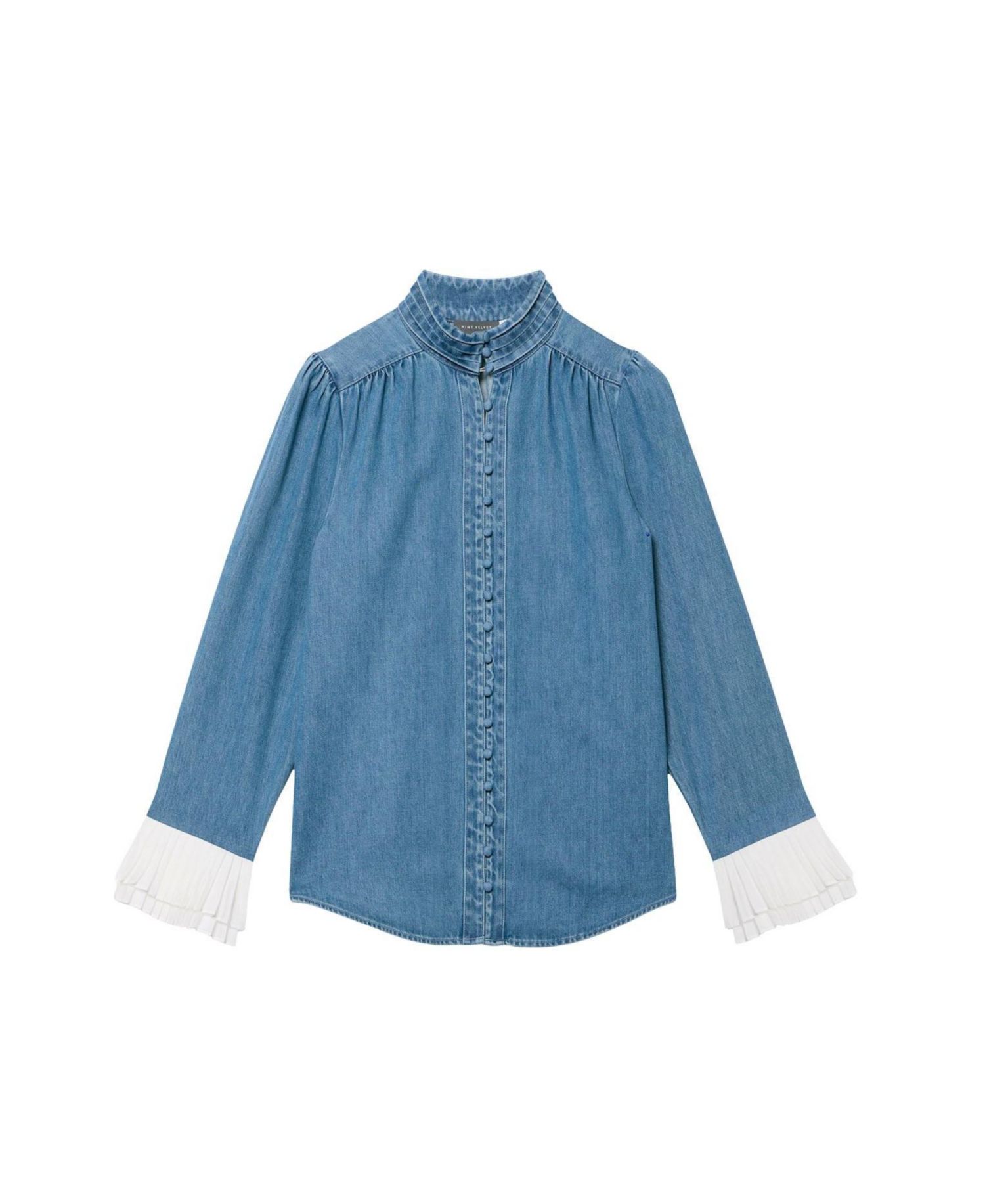 Women's Denim Contrast Cuff Blouse