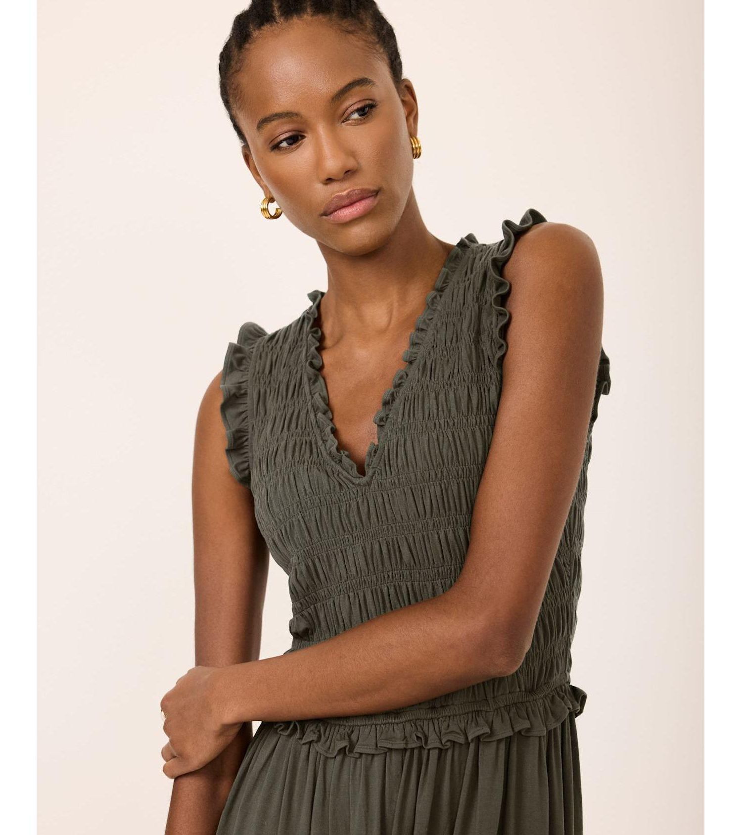 Women's Shirred Ruffle Midi Dress