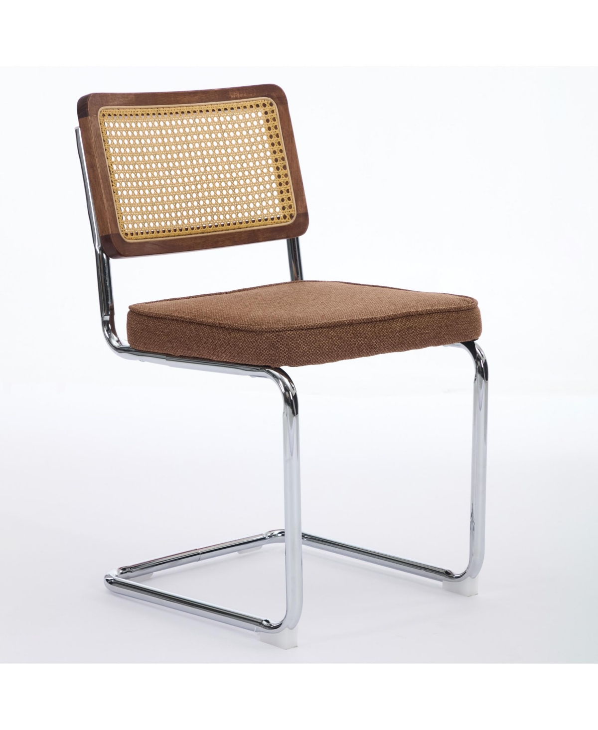 Flynama Set of 2 Cane Back Linen Upholstered Chrome Steel Pipe Base Cantilever Dining Chairs