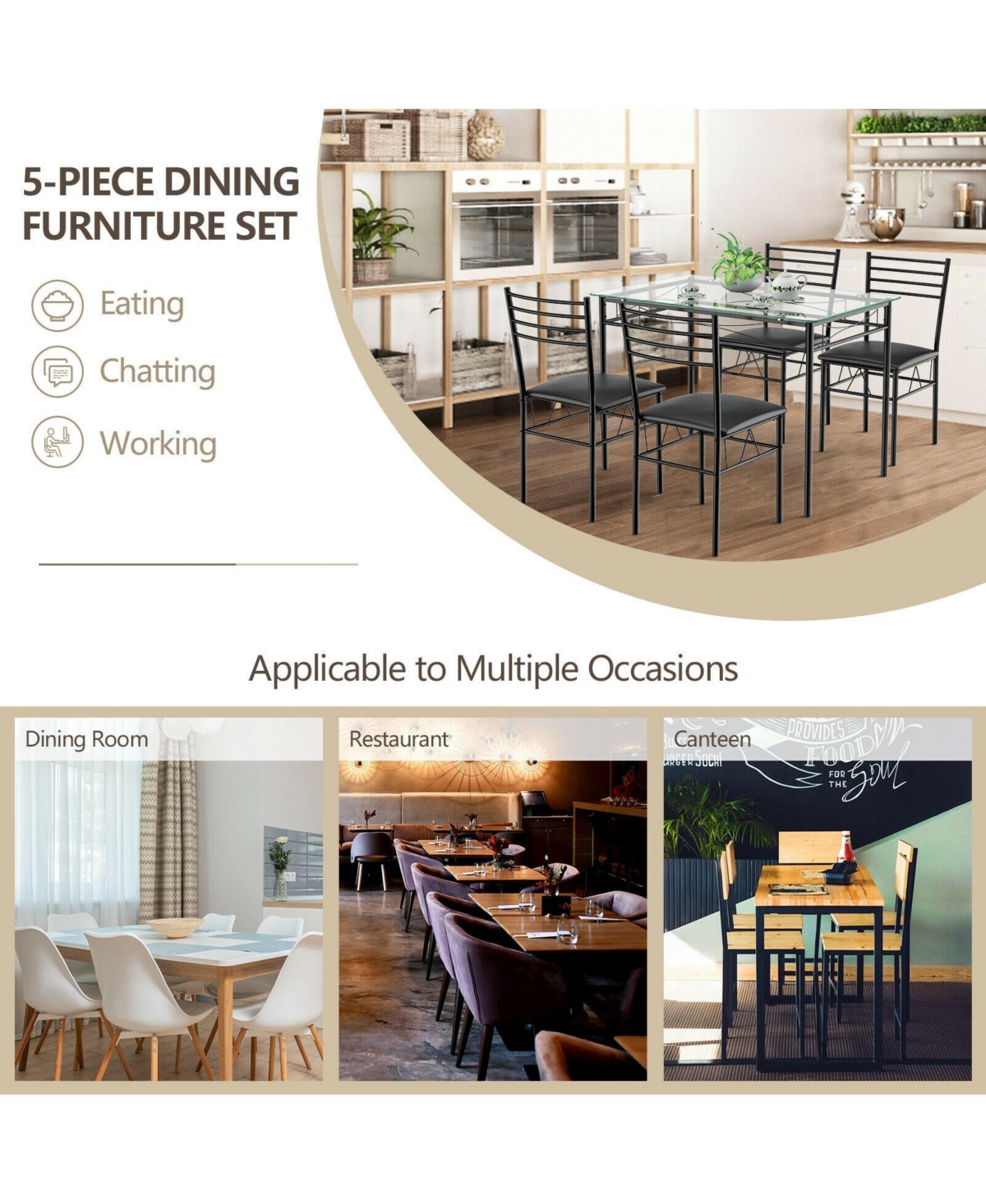 Mecale 5-Piece Dining Set with Glass Table and 4 Upholstered Chairs