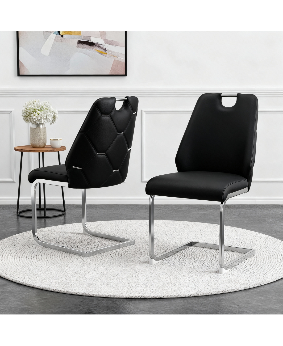 Flynama Set of 2 Mesh Pu High Back Dining Chairs, Back Ring Chrome Pull Handle Solid Iron Frame