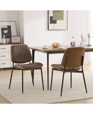 Set of 2 Mid Century Modern Faux Leather Dining Chairs with Walnut Bentwood Back and Metal Legs