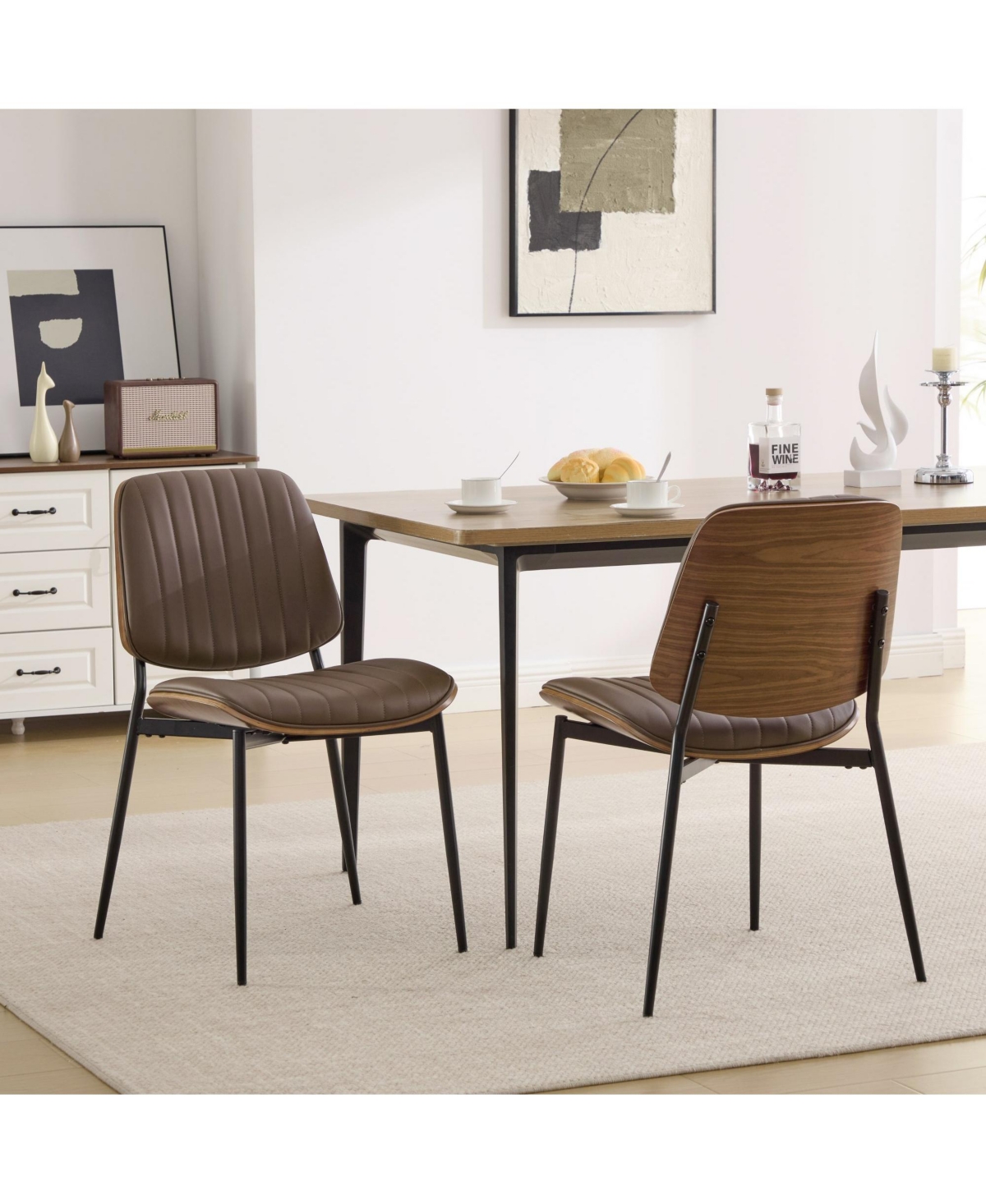 Flynama Set of 2 Mid Century Modern Faux Leather Dining Chairs with Walnut Bentwood Back and Metal Legs