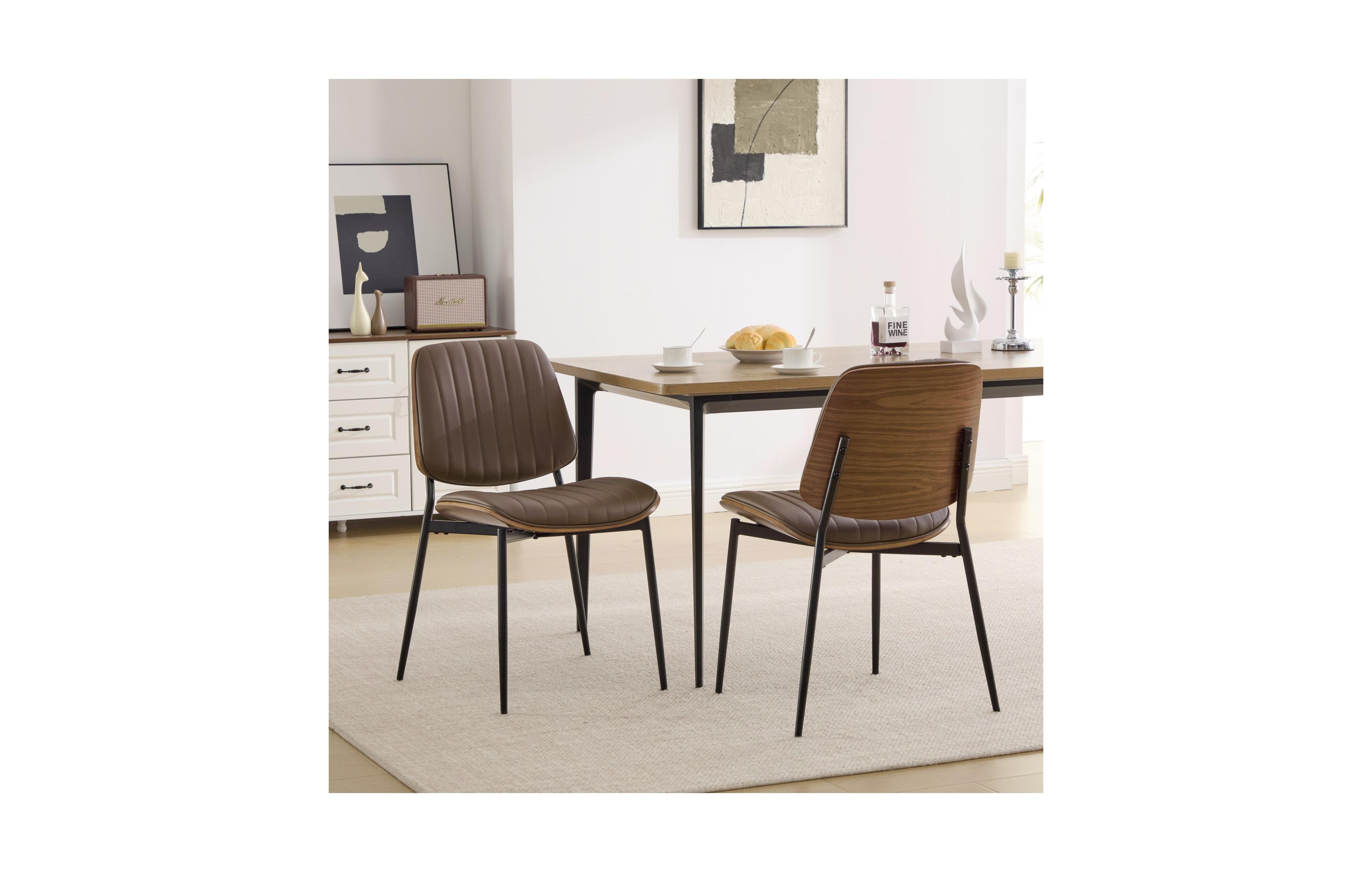 Flynama Set of 2 Mid Century Modern Faux Leather Dining Chairs with Walnut Bentwood Back and Metal Legs