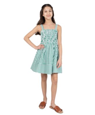 Girls' 7-16 Striped Cotton Smocked Bodice To Shirred Dress