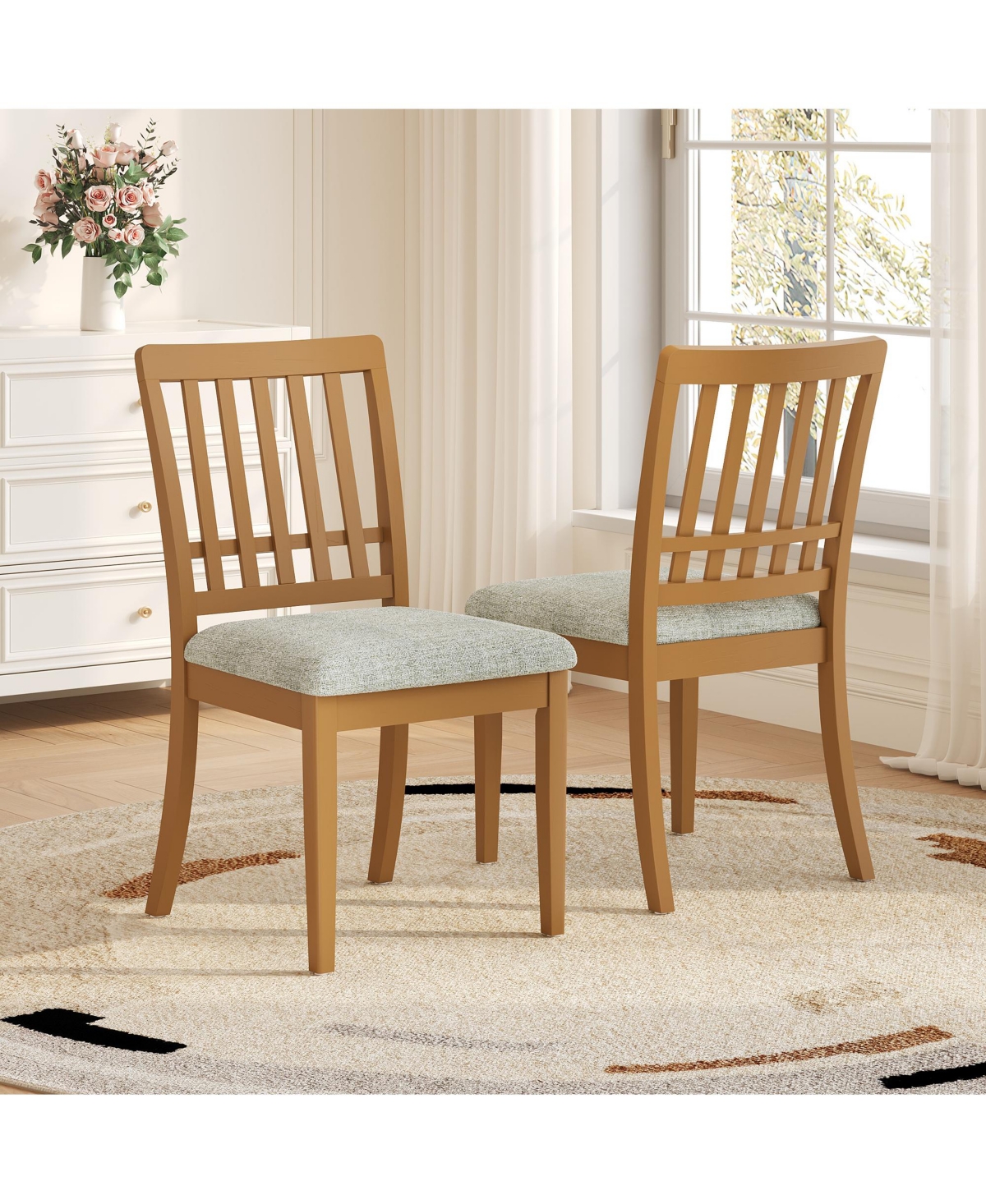 Flynama 2-Piece Modern Dining Chairs Set of 2, Curved Wood Backrest with Fabric Seat, Rubber Wood and Lvl Frame