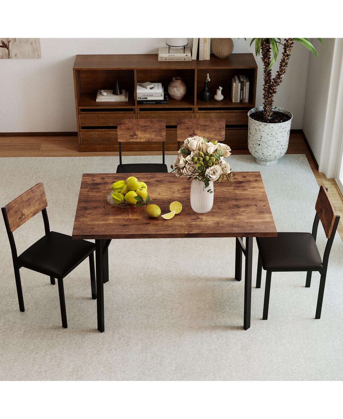 Mecale Piece Industrial Dining Set with 4 Pu Leather Chairs