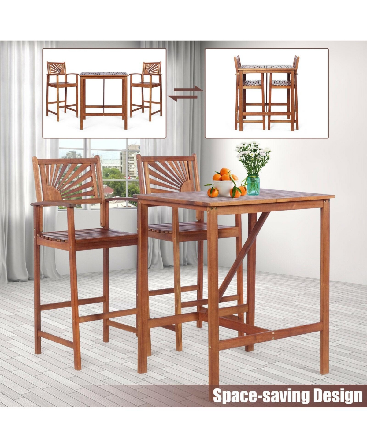 Mecale 3-Piece Acacia Wood Patio Bar Set with Table and 2 Stools