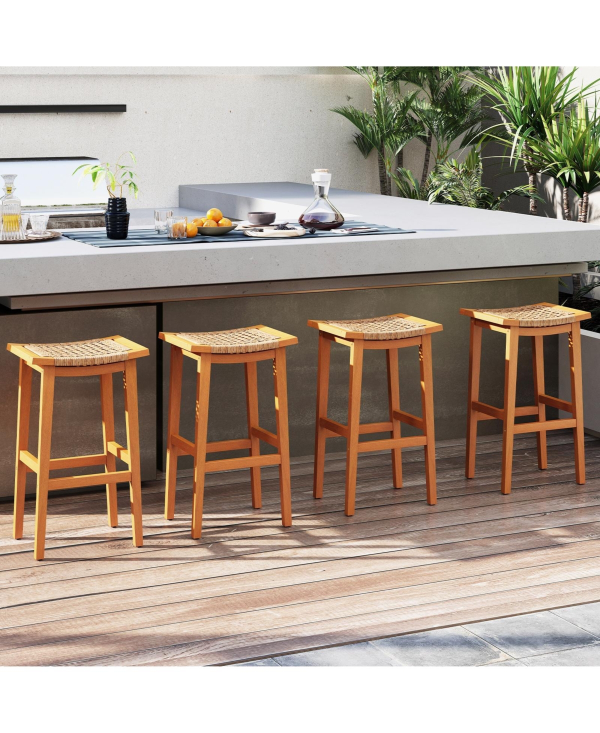 Mecale Set of 2 Outdoor Acacia Wood Bar Stools with Rattan Seats