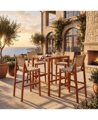 5-Piece Acacia Wood Outdoor Bar Height Dining Set with Rope Stools and Square Table