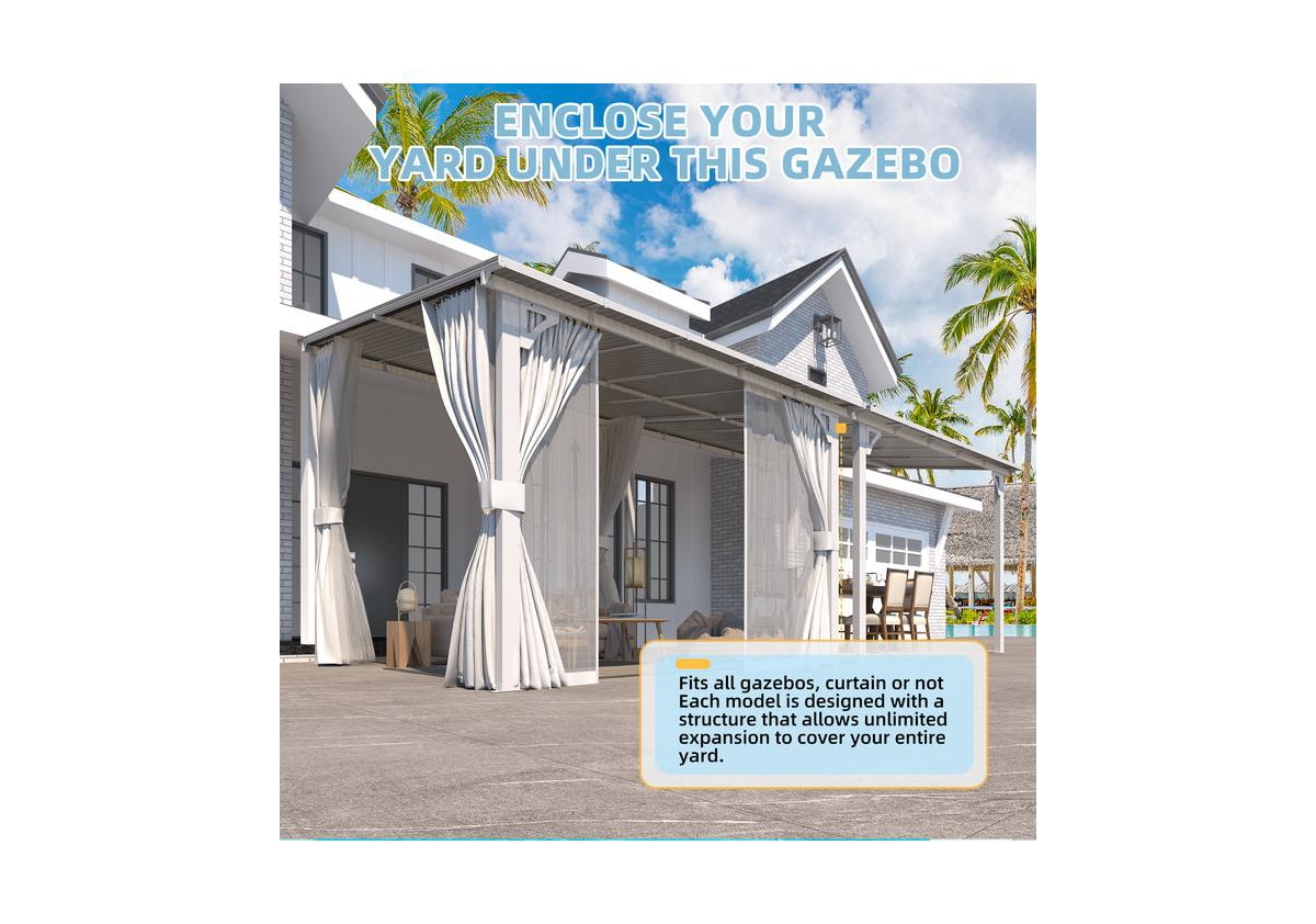 Aecojoy 12' x 10'Wall Mounted Hardtop Gazebo Lean to Metal Pergola with Curtains Netting Patio