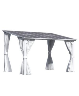 12' x 8'Wall Mounted Hardtop Gazebo Lean to Metal Pergola with Curtains Netting Patio