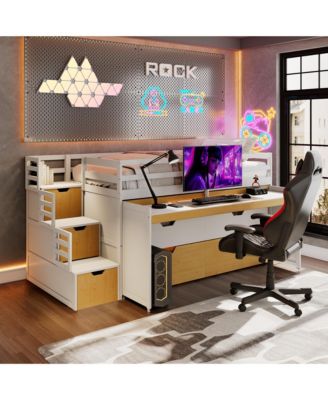 Twin XL Loft Bed with Pull-Out Desk and Twin Trundle, Multi-Functional Bunk Bed with 2 Storage Drawers and Storage Steps