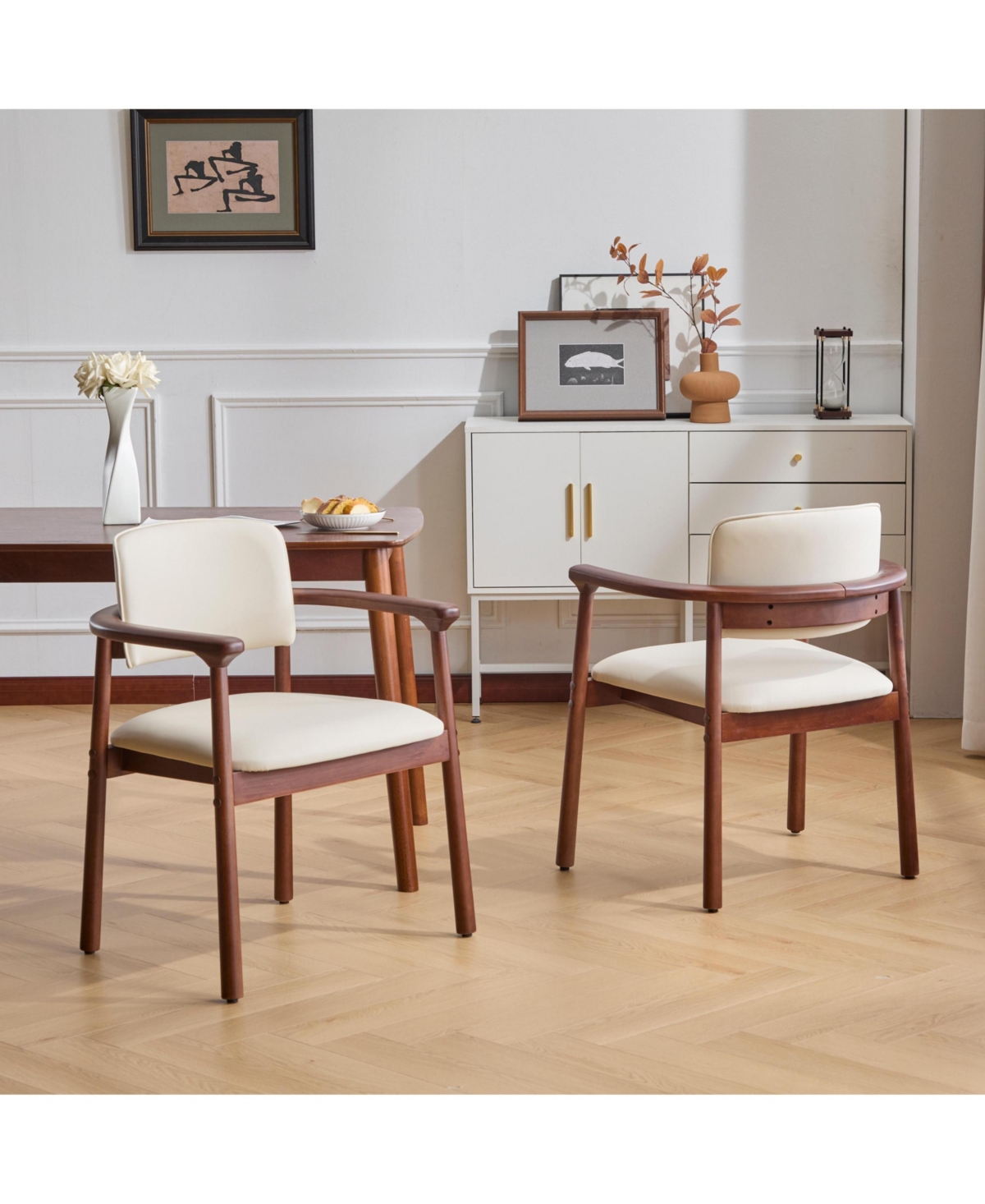 Flynama Set of 2 Pu Foam Dining Chairs, Dark Walnut Rubber Wood Frame 300lbs Weight Capacity