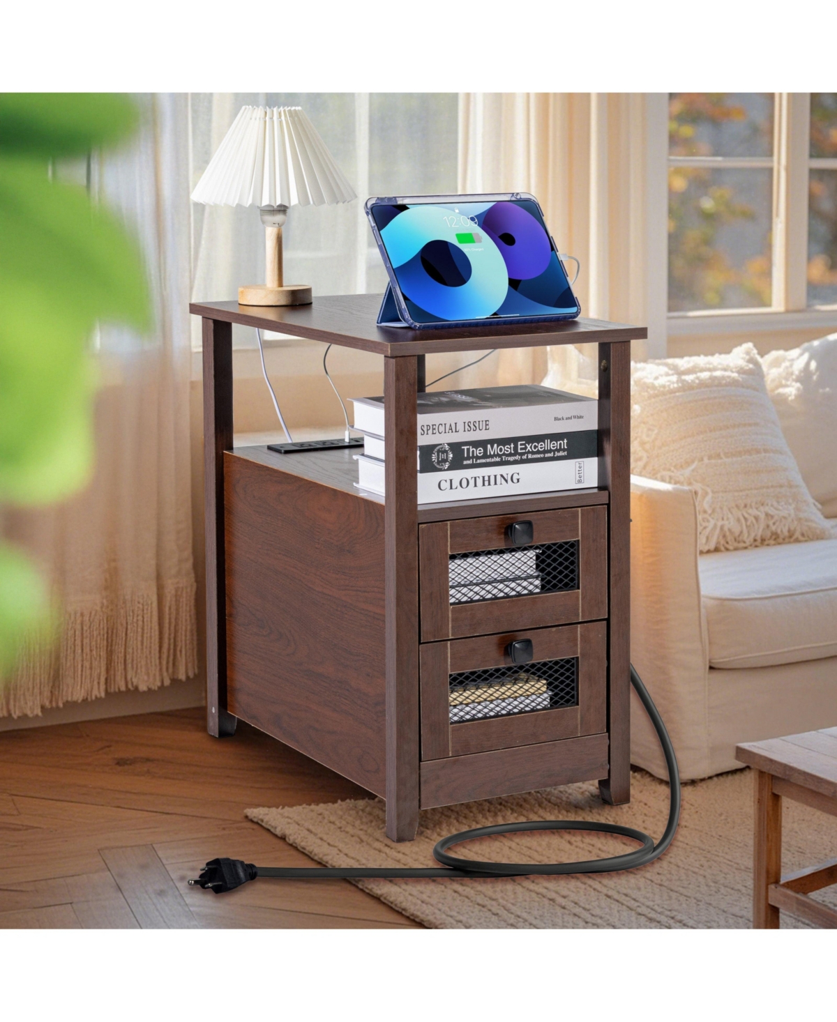 Slickblue Bedroom Nightstand with Usb Charging Station, 2 Drawers, Cabinet Storage and Open Shelves