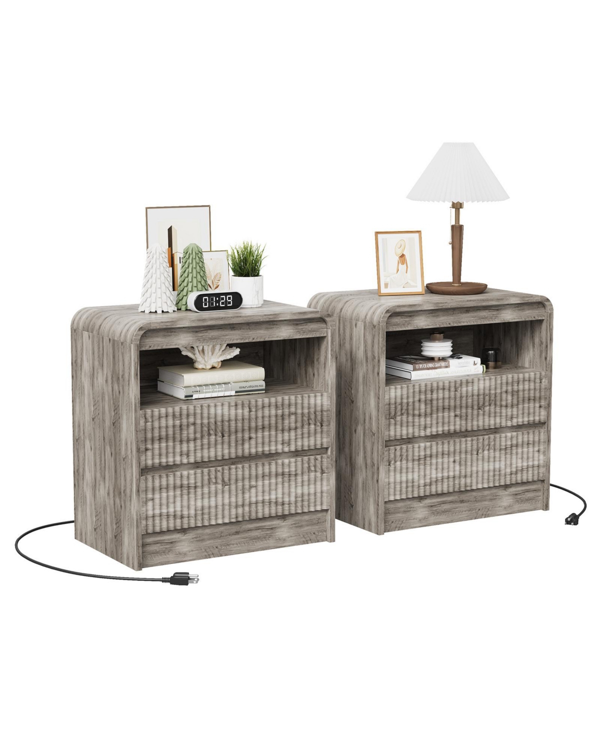 homfan Set of 2 Fluted Nightstands with Charging Station and 2 Drawers