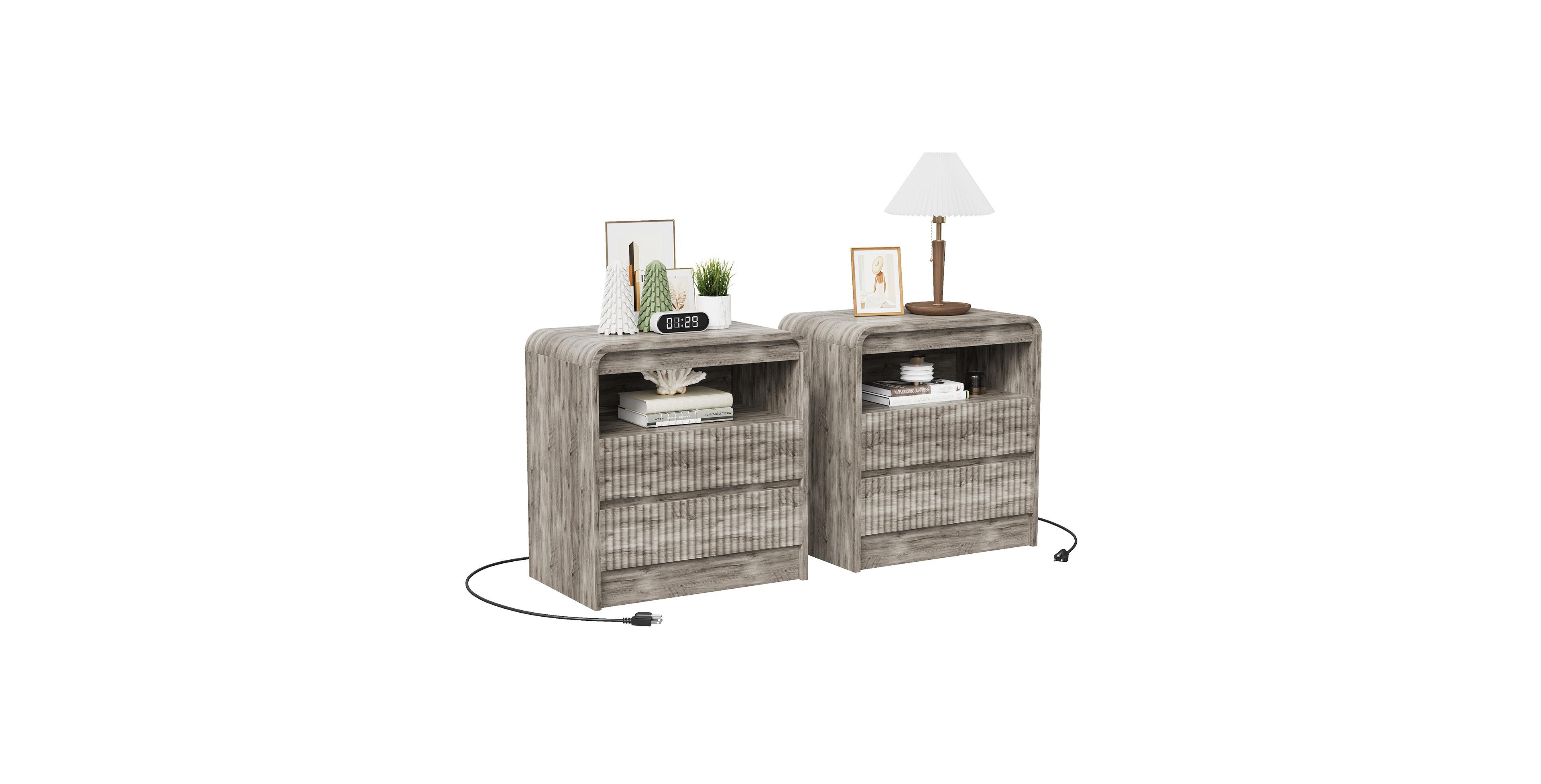 homfan Set of 2 Fluted Nightstands with Charging Station and 2 Drawers