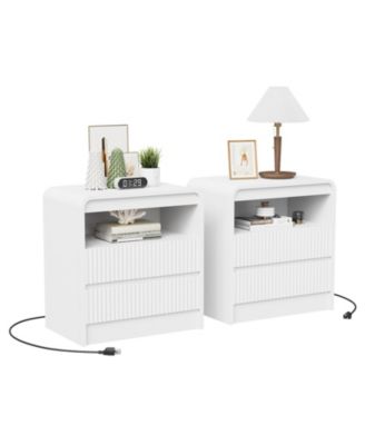 Set of 2 Fluted Nightstands with Charging Station and 2 Drawers