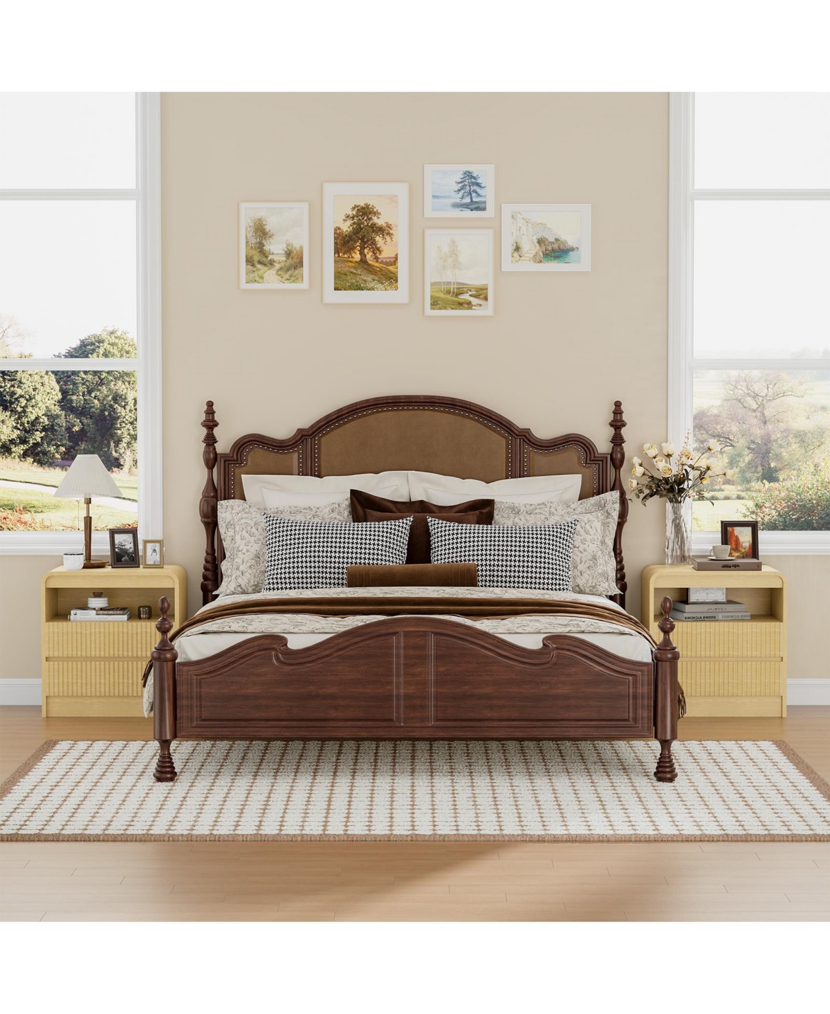 homfan Set of 2 Wood Color Fluted Nightstands with Charging Station and 2 Drawers