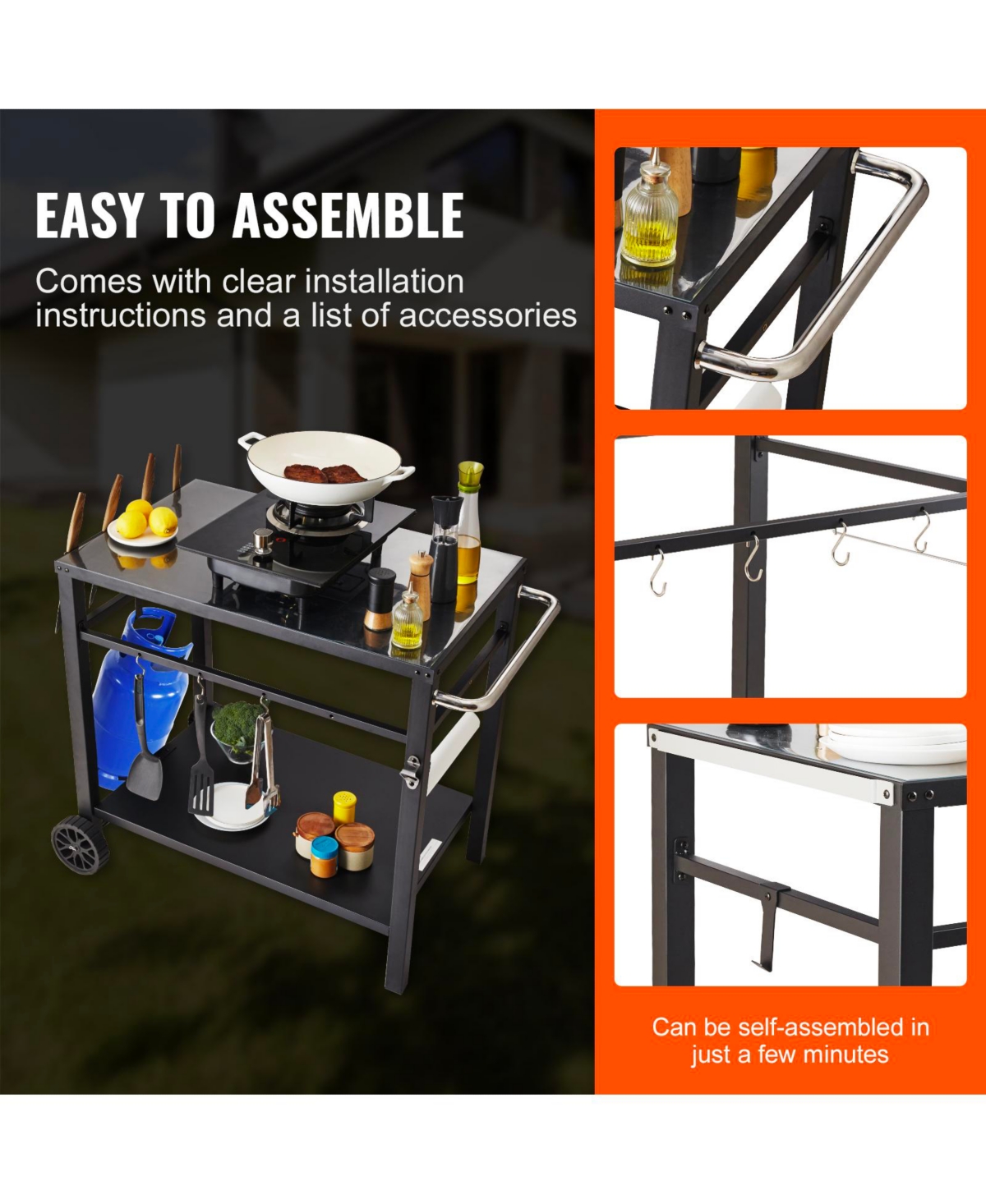 Vevor Outdoor Grill Dining Cart Double-Shelf Bbq Movable Food Prep Trolley Patio