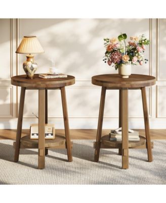 Solid Wood Side Table Set of 2, Small Round End Table