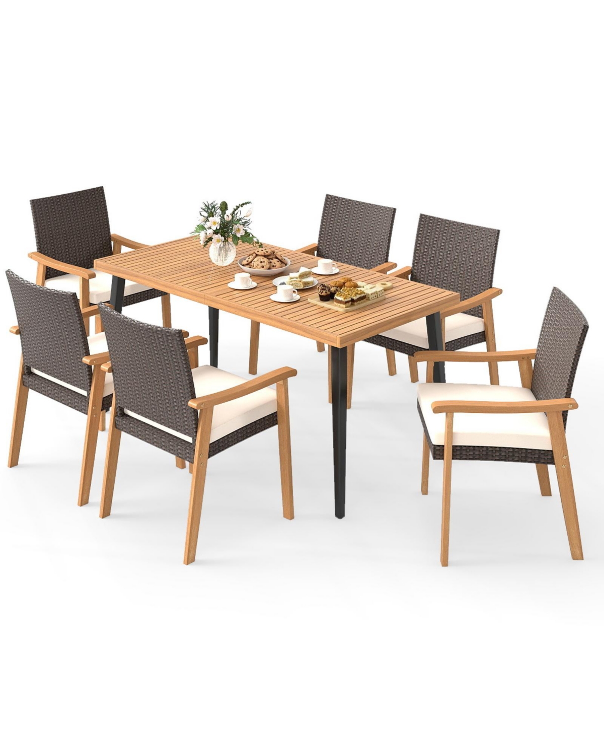 Mecale 63-Inch Acacia Outdoor Dining Table with Metal Legs and Umbrella Hole