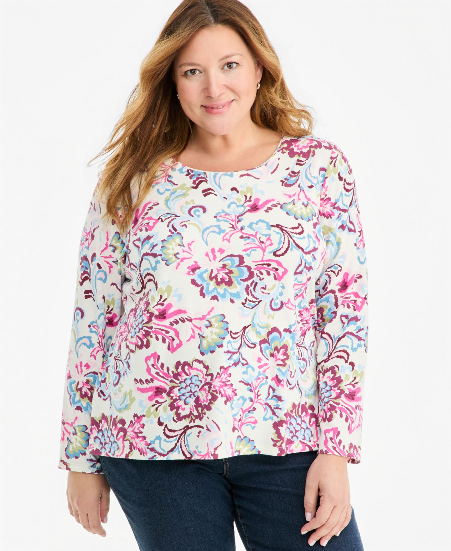 Женская футболка Style & Co Plus Size Long-Sleeve Scoop-Neck, цвет: Ванильный — фото 1