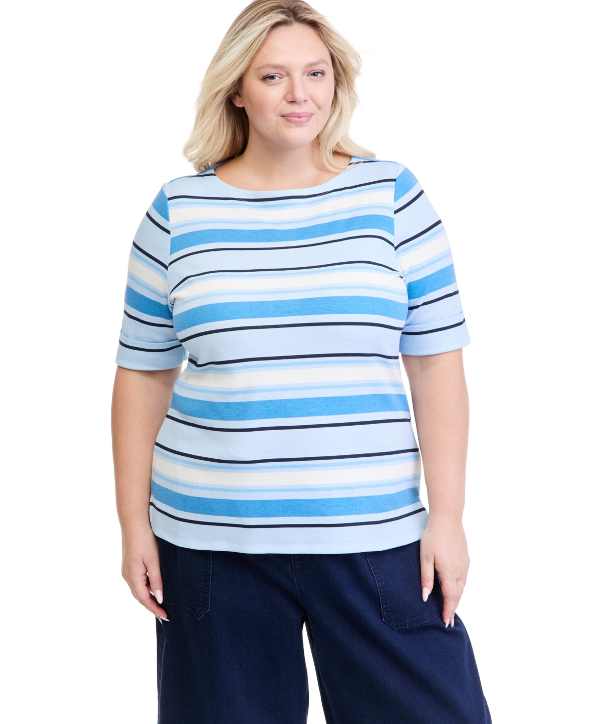 Style & Co Plus Size Striped Crewneck Elbow-Length Sleeve T-Shirt, Macy's Exclusive - French Blue