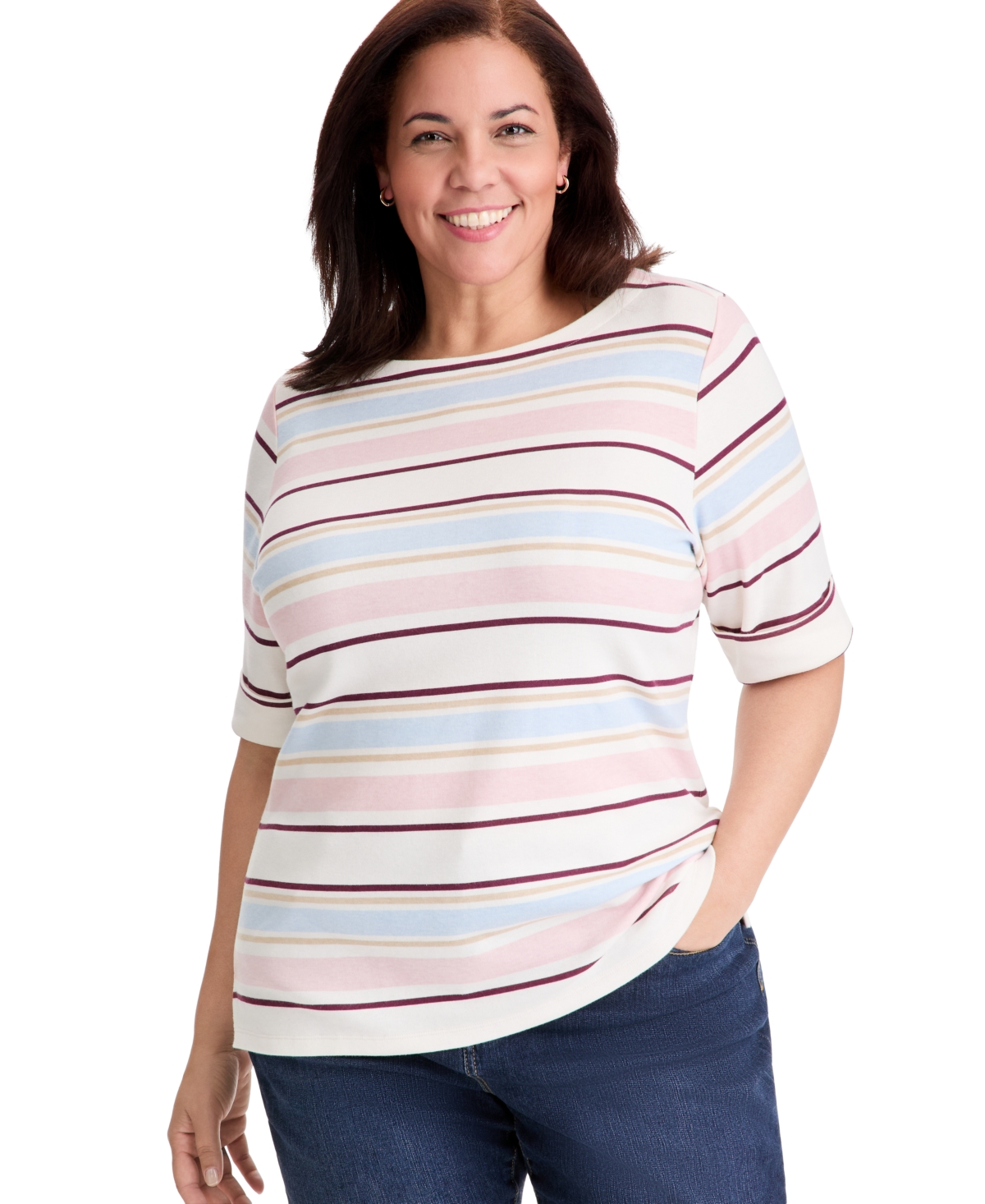 Style & Co Plus Size Striped Boat-Neck Elbow Sleeve Top, Macy's Exclusive - Fresh Vanilla