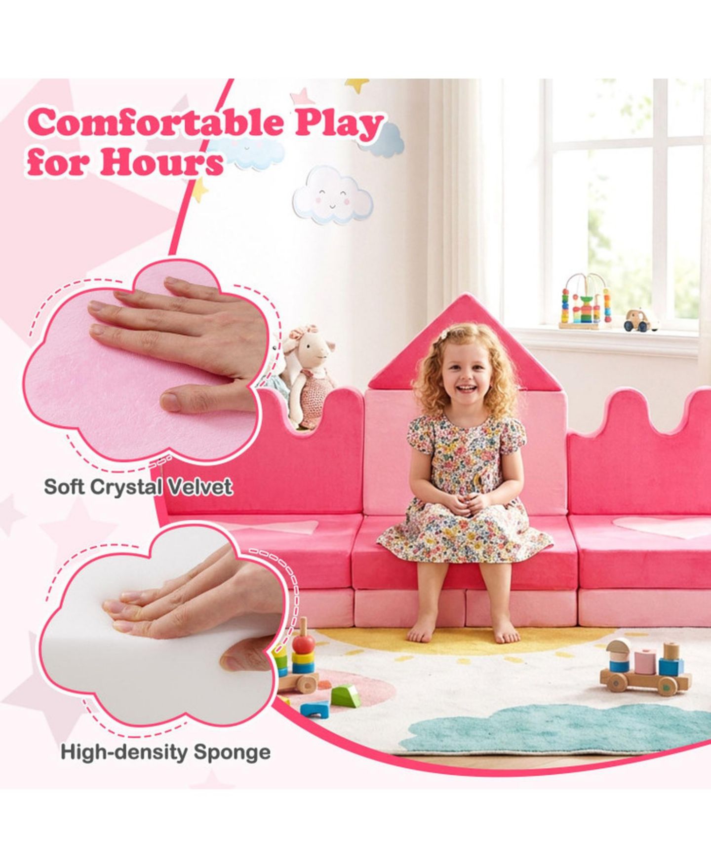 Детские игрушки HONGGE 14-Piece Modular Kids Play Couch with Washable Covers, цвет: Пудровый розовый — фото 7