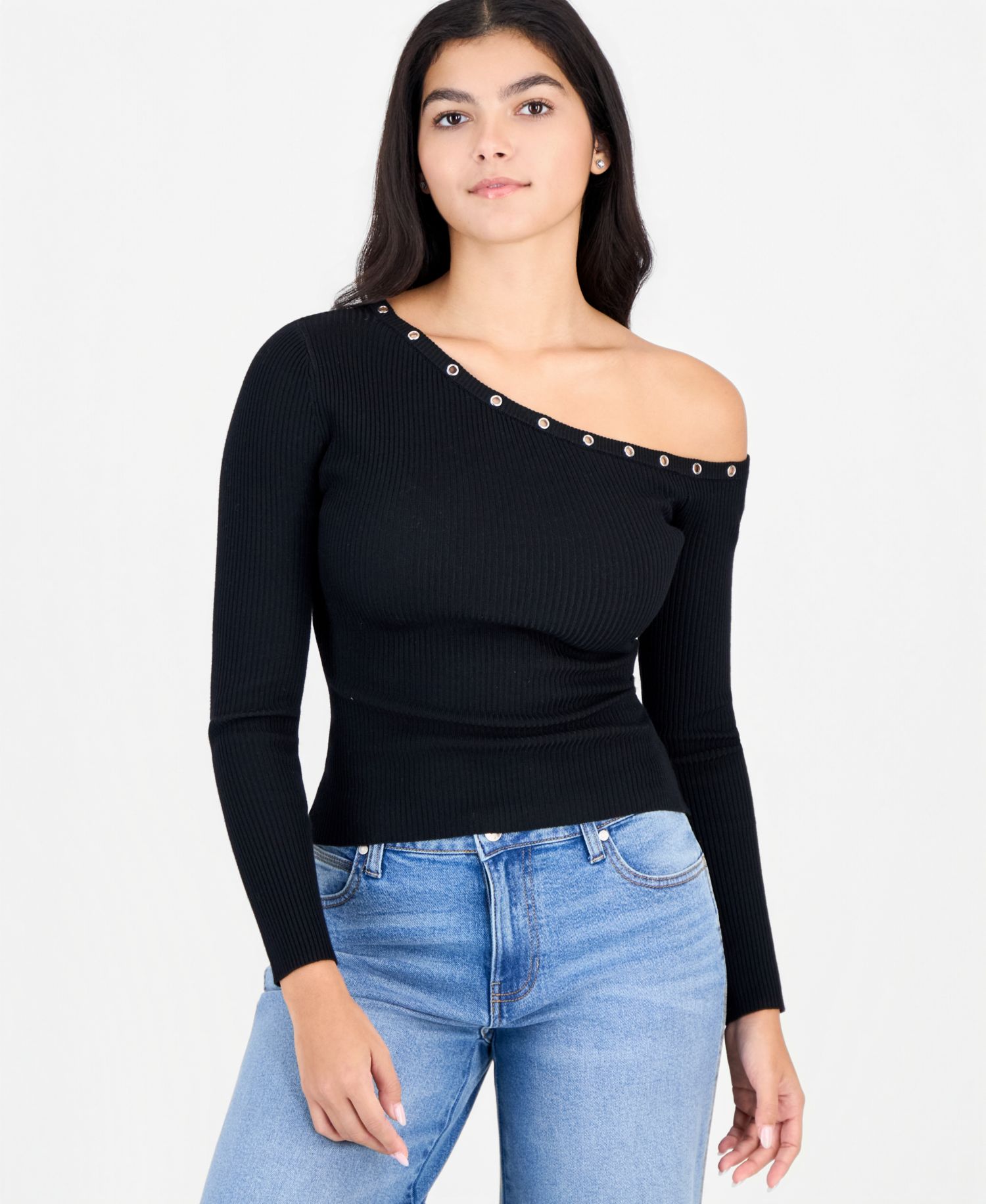 Juniors' Asym Neckline Grommet Ribbed Sweater