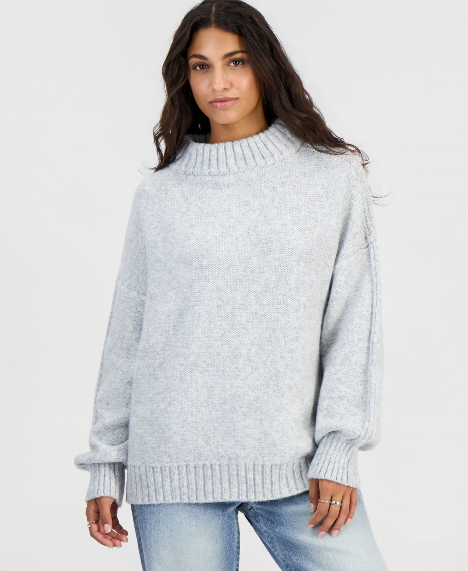 Juniors' Drop-Shoulder Oversized Mock Neck Sweater