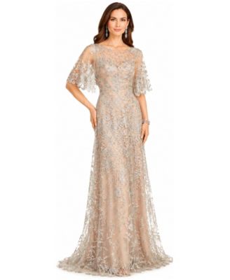 Women's Cape-Sleeve A-Line Pearl-and-Rhinestone Gown