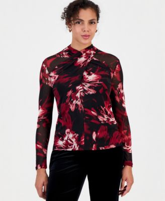 Women's Floral-Print Mesh Long-Sleeve Blouse