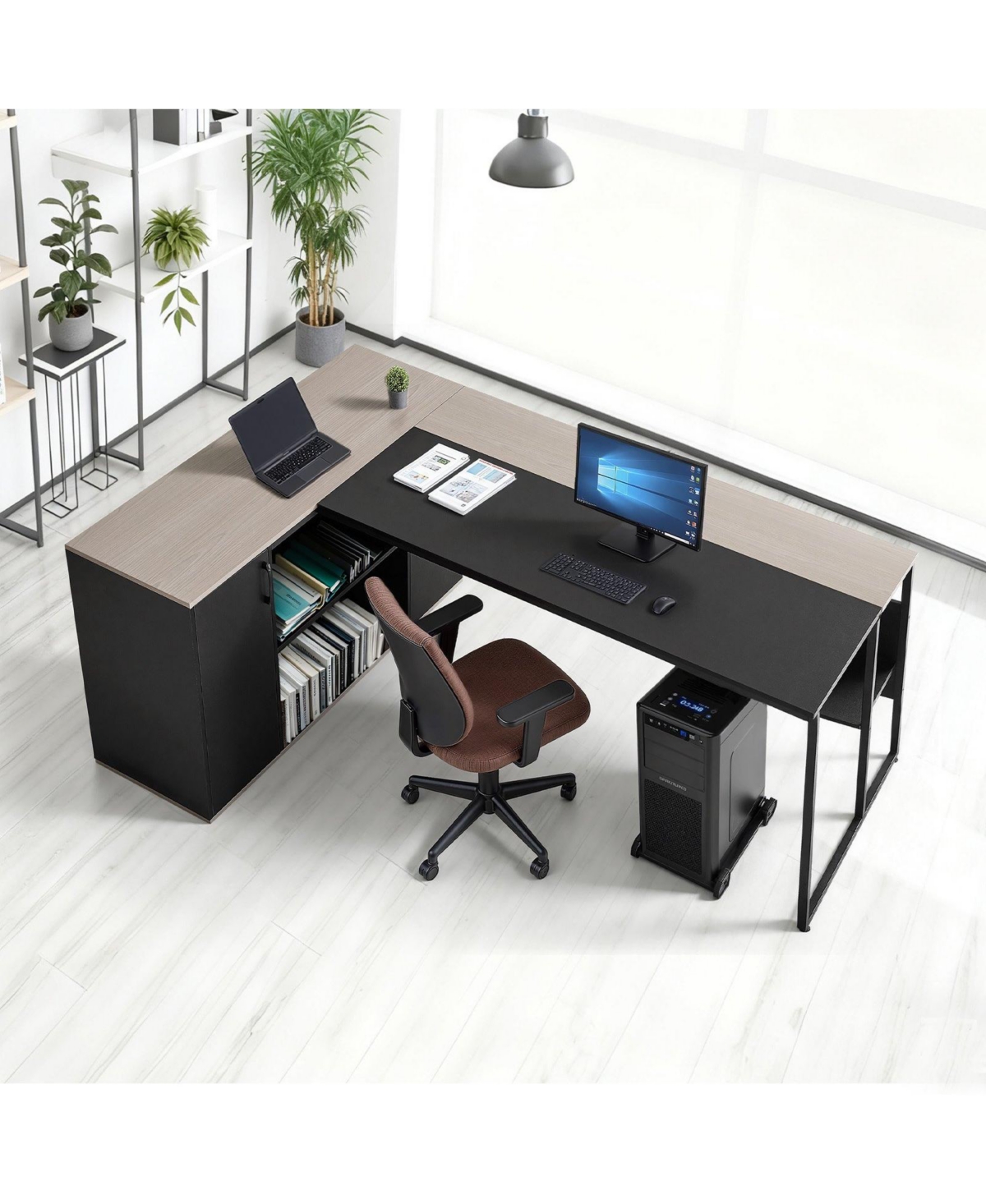 Slickblue Modern L-Shaped Office Desk with Cpu Stand, Storage Cabinet and Spacious Work Surface