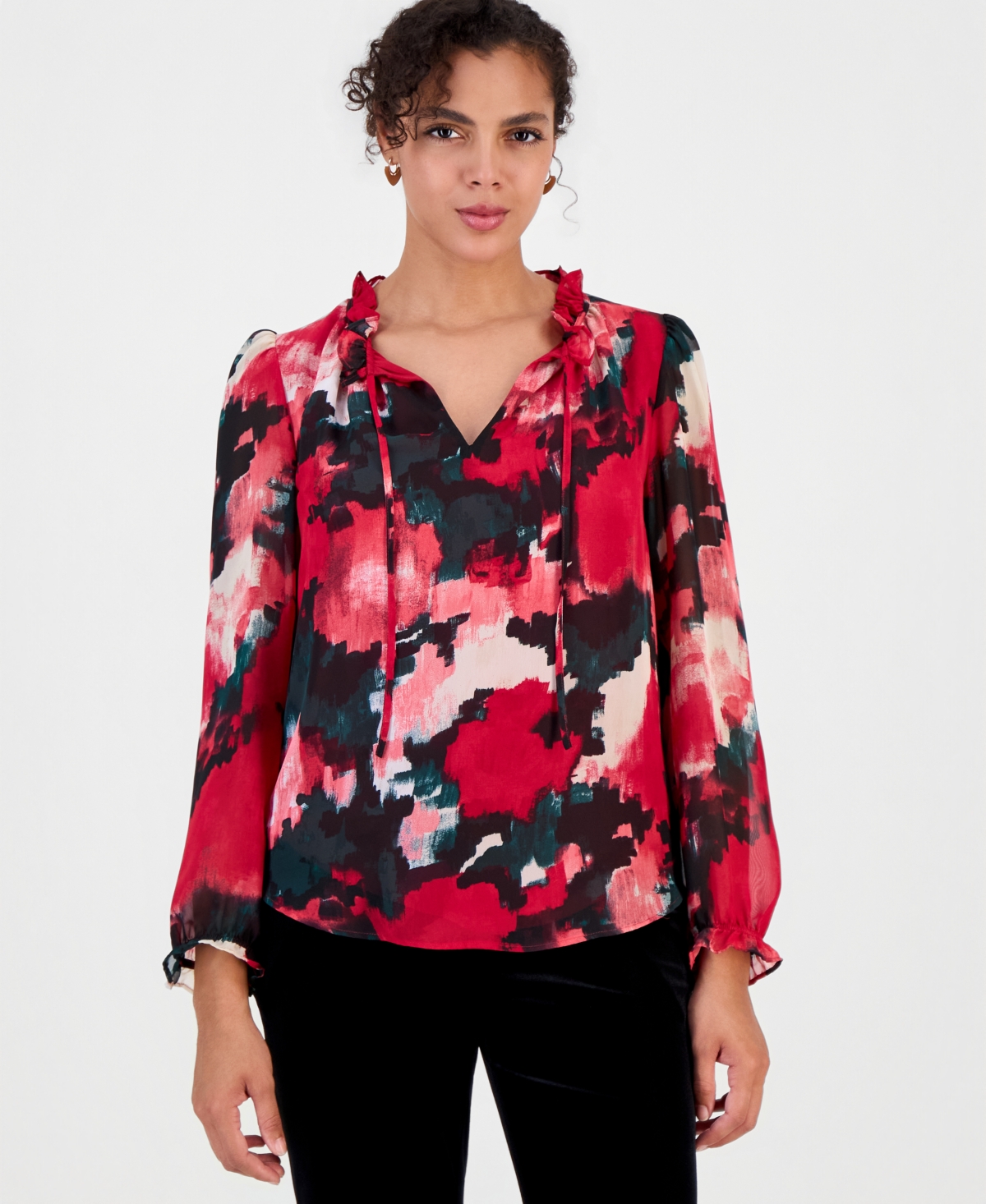 Bar Iii Women's Ruffle Tie Neck Long-sleeve V-neck Blouse, Macy's Exclusive In Pomegranate Multi