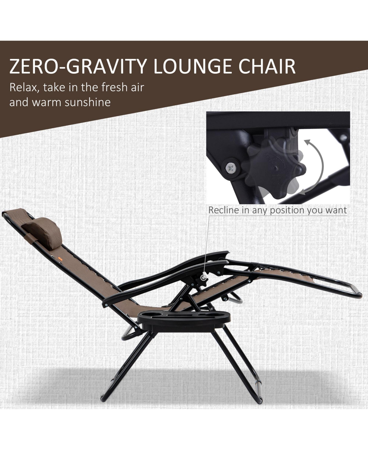 Mountaintop Zero Gravity Chair Set 3 Piece Recliner with Side Table Cup Holder Headrest Brown Poolside Camping